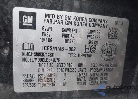 2019 Buick Encore Fwd Sport Touring from USA, damaged, VIN KL4CJ1SB8KB714331